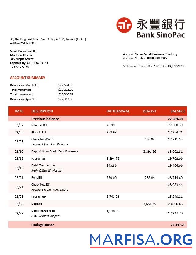 Blank Bank Sinopac enterprise account statement Word and PDF template